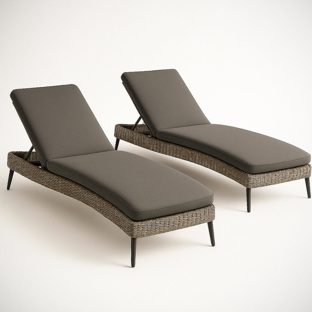Lot de 2 bains de soleil r¡§|glables en r¡§|sine tress¡§|e avec coussins en polyester Gris/Marron 200 cm x 60 cm x 35 cm 