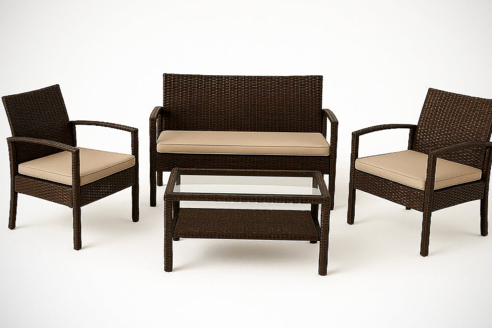 Salon de Jardin en R¡§|sine Tress¡§|e 4 Pi¡§¡§ces avec Coussins en Polyester Beige Table Basse en Verre Tremp¡§| 