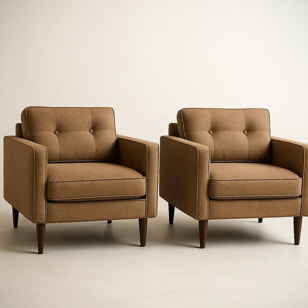Lot de 2 fauteuils carr¡§|s en tissu polyester brun avec pieds en bois, dimensions 75x85x85 cm 