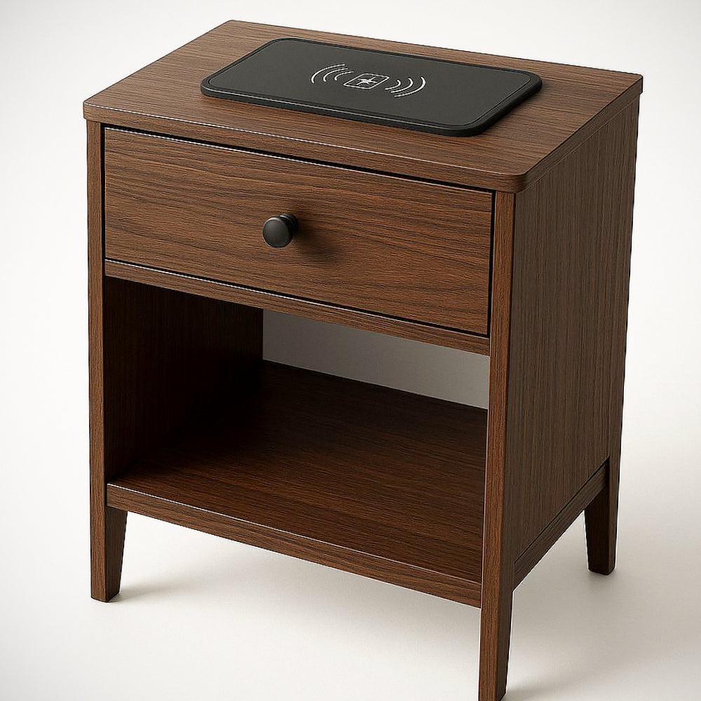 Table de chevet en contreplaqu¡§| marron avec tiroir et recharge sans fil