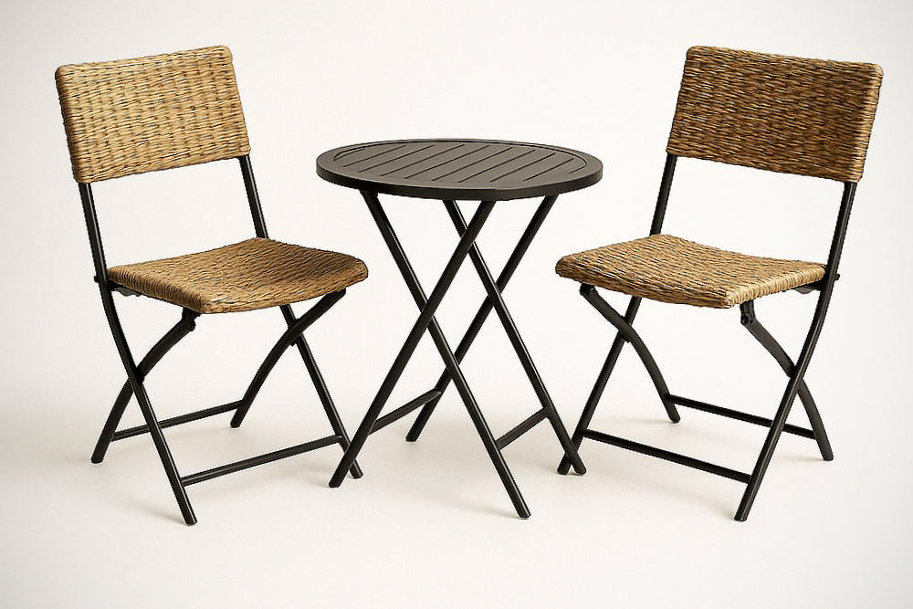 Ensemble mobilier pliant ext¡§|rieur 3 pi¡§¡§ces - Table ronde m¡§|tal noir ?60 cm et 2 chaises r¡§|sine tress¡§|e 