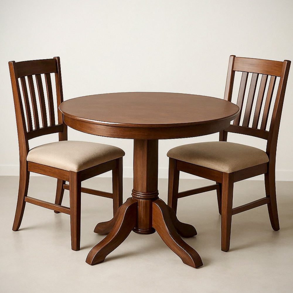 Ensemble de table ronde et 2 chaises en bois massif marron 