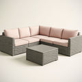 Ensemble de meubles de jardin modulaire en r¡§|sine tress¡§|e gris avec coussins en polyester rose - Salon d'angle 5 si¡§¡§ges avec table basse, dimensions canap¡§|: 210cm x 210cm x 70cm, table: 70cm x 70cm x 35cm 