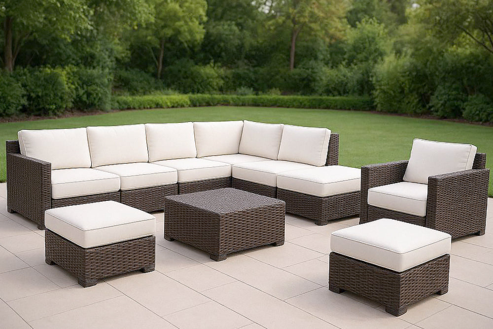 Ensemble de Mobilier de Jardin 10 Pi¡§¡§ces en R¡§|sine Tress¡§|e Marron/Beige Coussins Polyester 