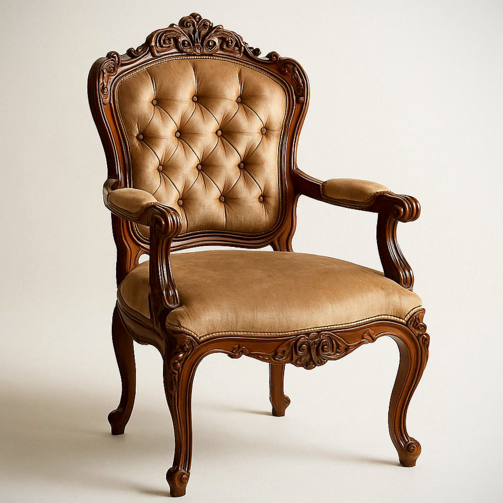 Fauteuil en Bois et Velours Boutonn¡§| Marron, Style Baroque, Dimensions 100x60x70 cm 