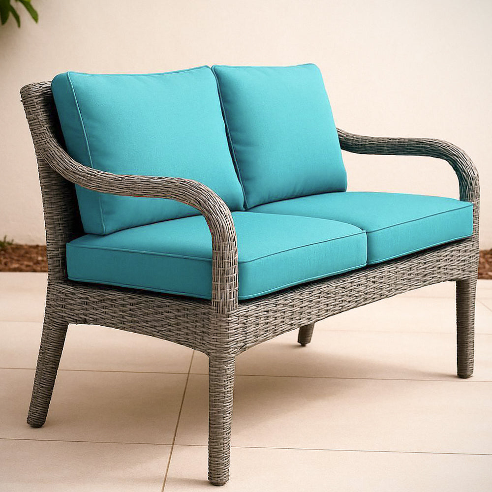 Banc 2 Places en R¡§|sine Tress¡§|e Gris avec Coussins en Tissu Bleu, 123cm x 65cm x 80cm
