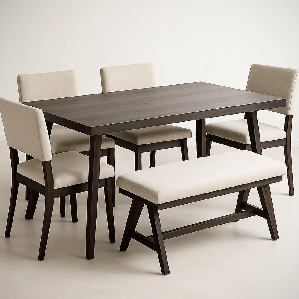 Ensemble de Salle ¡§¡è Manger 6 Pi¡§¡§ces Table Rectangulaire en Bois avec 4 Chaises et Banc Tissu Beige 
