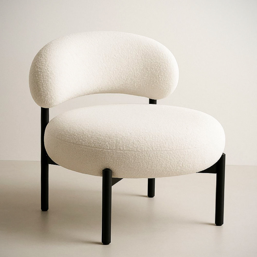 Fauteuil rond en tissu bouclette blanc avec cadre en m¡§|tal noir, hauteur 75cm, largeur 70cm, profondeur 70cm 