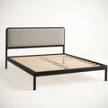 Cadre de lit double m¡§|tal noir avec t¡§ote de lit en tissu gris Longueur 200 cm, Largeur 150 cm, Hauteur 100 cm 