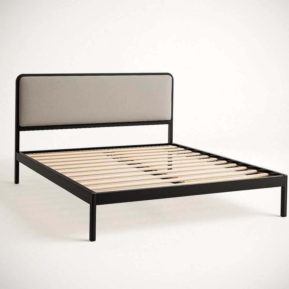 Cadre de lit double m¡§|tal noir avec t¡§ote de lit en tissu gris Longueur 200 cm, Largeur 150 cm, Hauteur 100 cm 