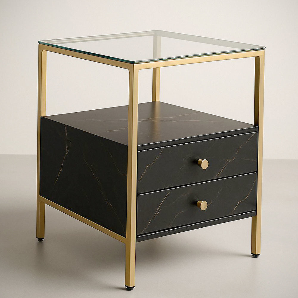 Table de Chevet Carr¡§|e avec Plateau en Verre Tremp¡§| et 2 Tiroirs en MDF Effet Marbre Noir et Cadre M¡§|tallique Dor¡§| 40 cm x 40 cm x 50 cm 