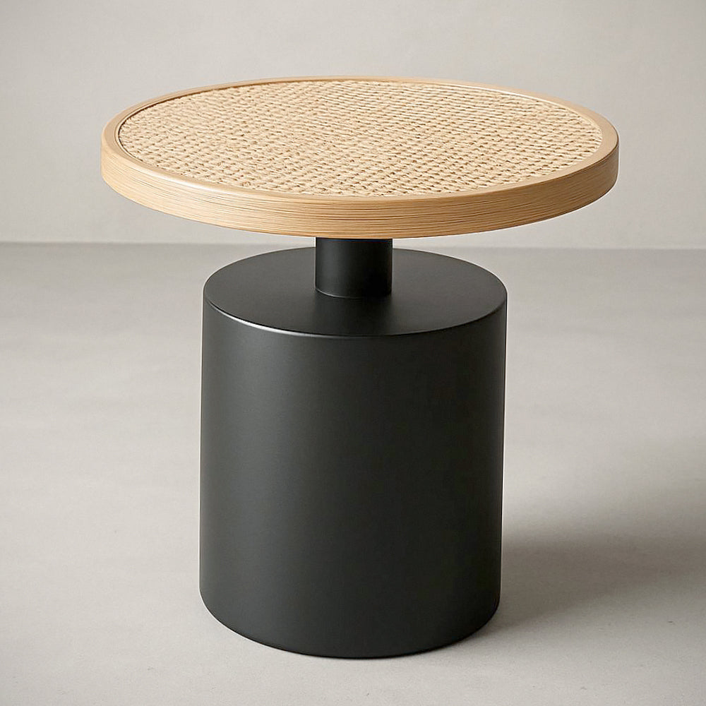Table d'appoint ronde en m¡§|tal et bois avec plateau en rotin, hauteur 45cm, diam¡§¡§tre 50cm, Noir/Bois 