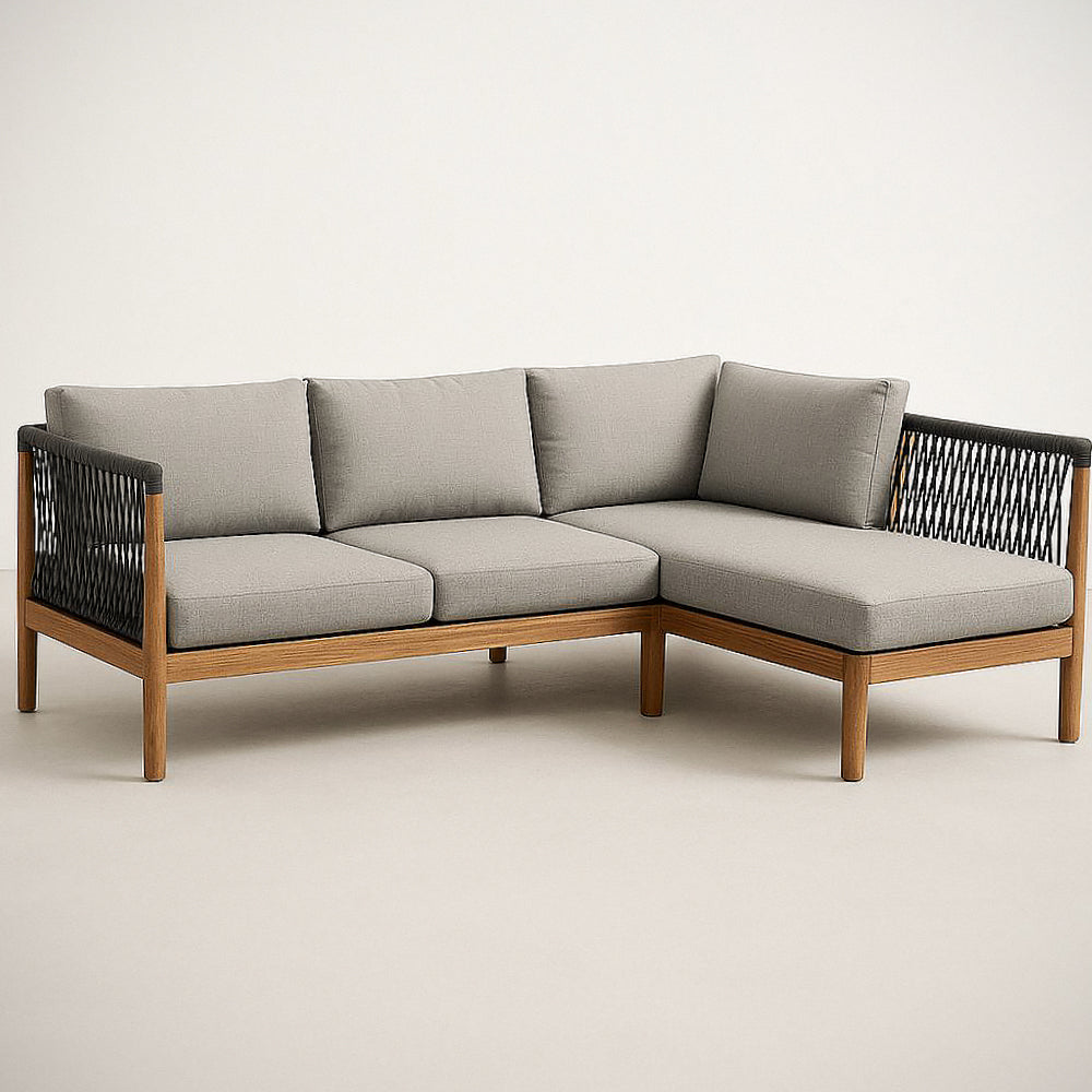 Canapé¡§| d'angle en tissu polyester r¡§|sistant avec cadre en bois massif et cordage noir 220x150x80 cm 
