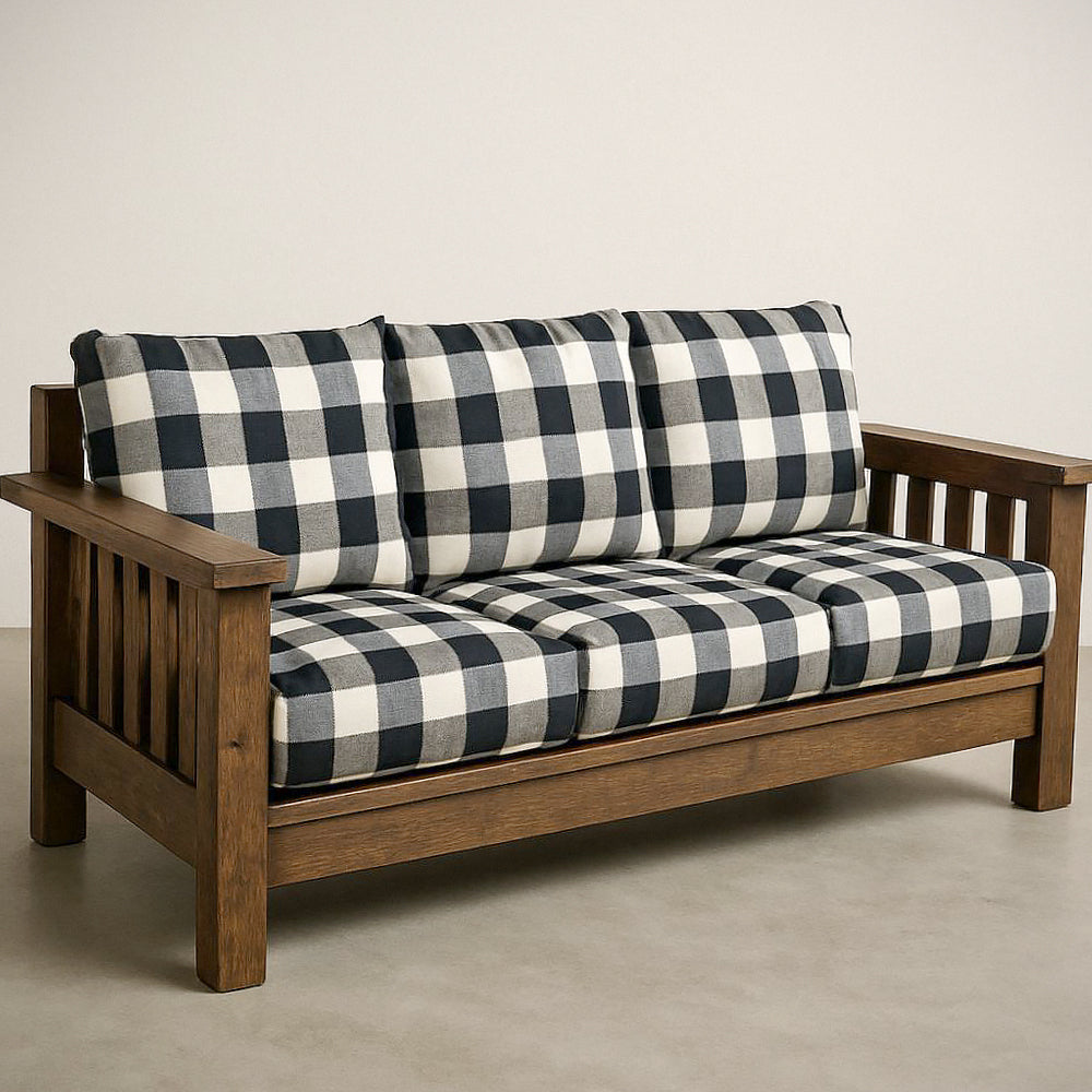 Canapé¡§| 3 Places en Bois Massif avec Coussins en Coton ¡§¡è Carreaux Noir/Blanc 