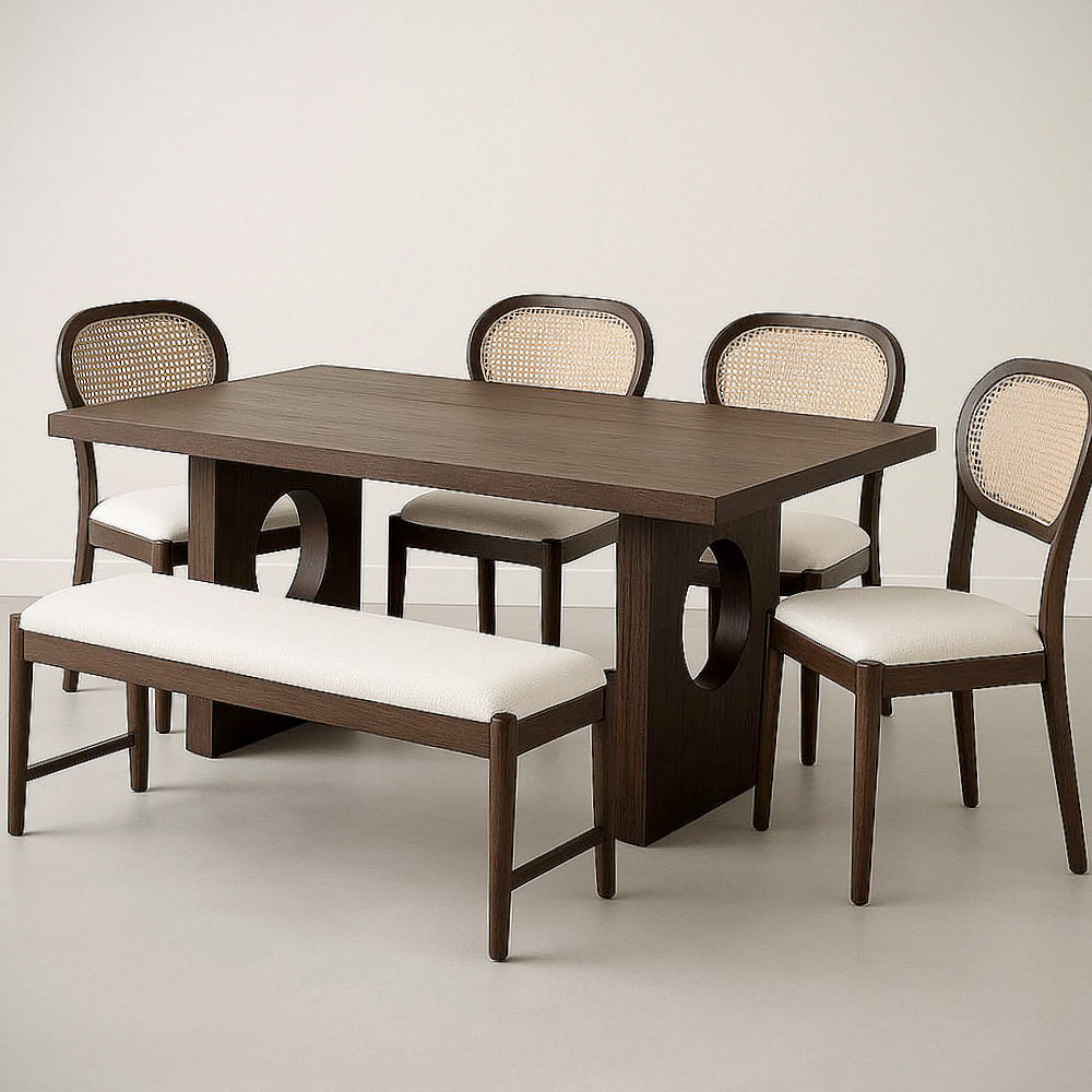 Ensemble de Table ¡§¡è Manger Rectangulaire en Bois Marron avec Chaises en Rotin et Banc, 6 Pi¡§¡§ces 