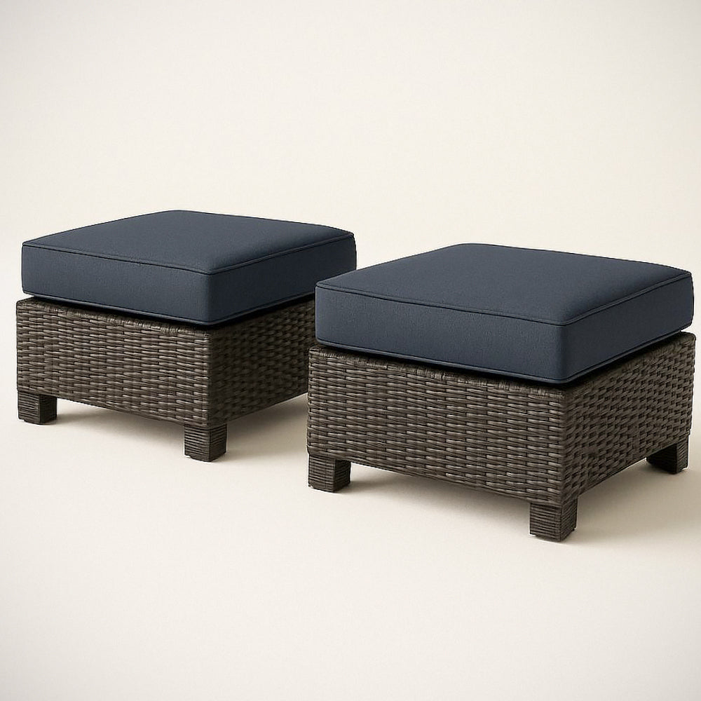 Set de 2 Poufs d'ext¡§|rieur en R¡§|sine Tress¡§|e Carr¡§| avec Coussin en Polyester Gris/Bleu Fonc¡§| 