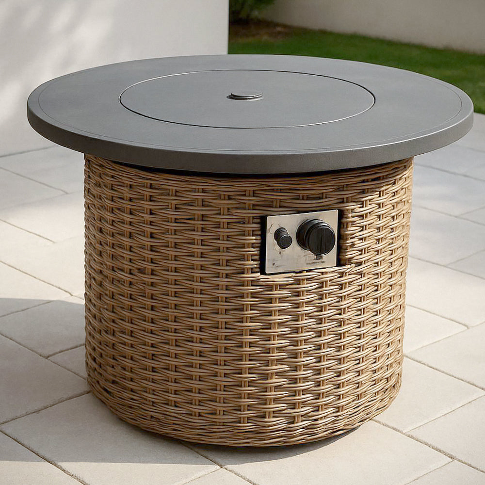 Table Chauffante Ronde en R¡§|sine Tress¡§|e avec Plateau en Acier - 90 cm Di¡§¡ème x 55 cm Hauteur - Beige/Gris 