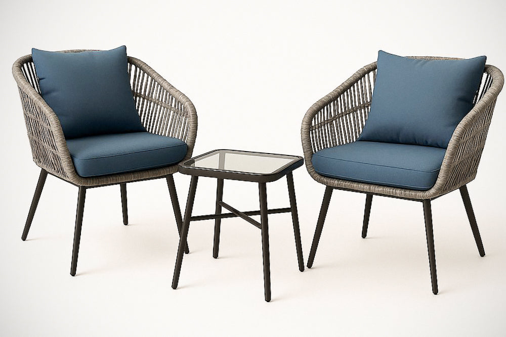 Ensemble de mobilier ext¡§|rieur 3 pi¡§¡§ces en r¡§|sine tress¡§|e et verre tremp¡§| Gris/Bleu 