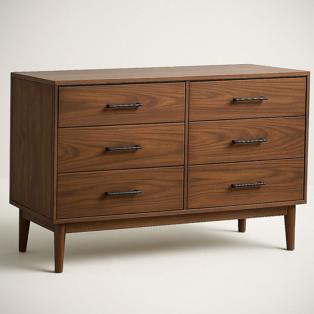 Commode ¡§¡è 6 tiroirs en bois de placage noyer, 120 cm x 40 cm x 75 cm, avec poign¡§|es en m¡§|tal 