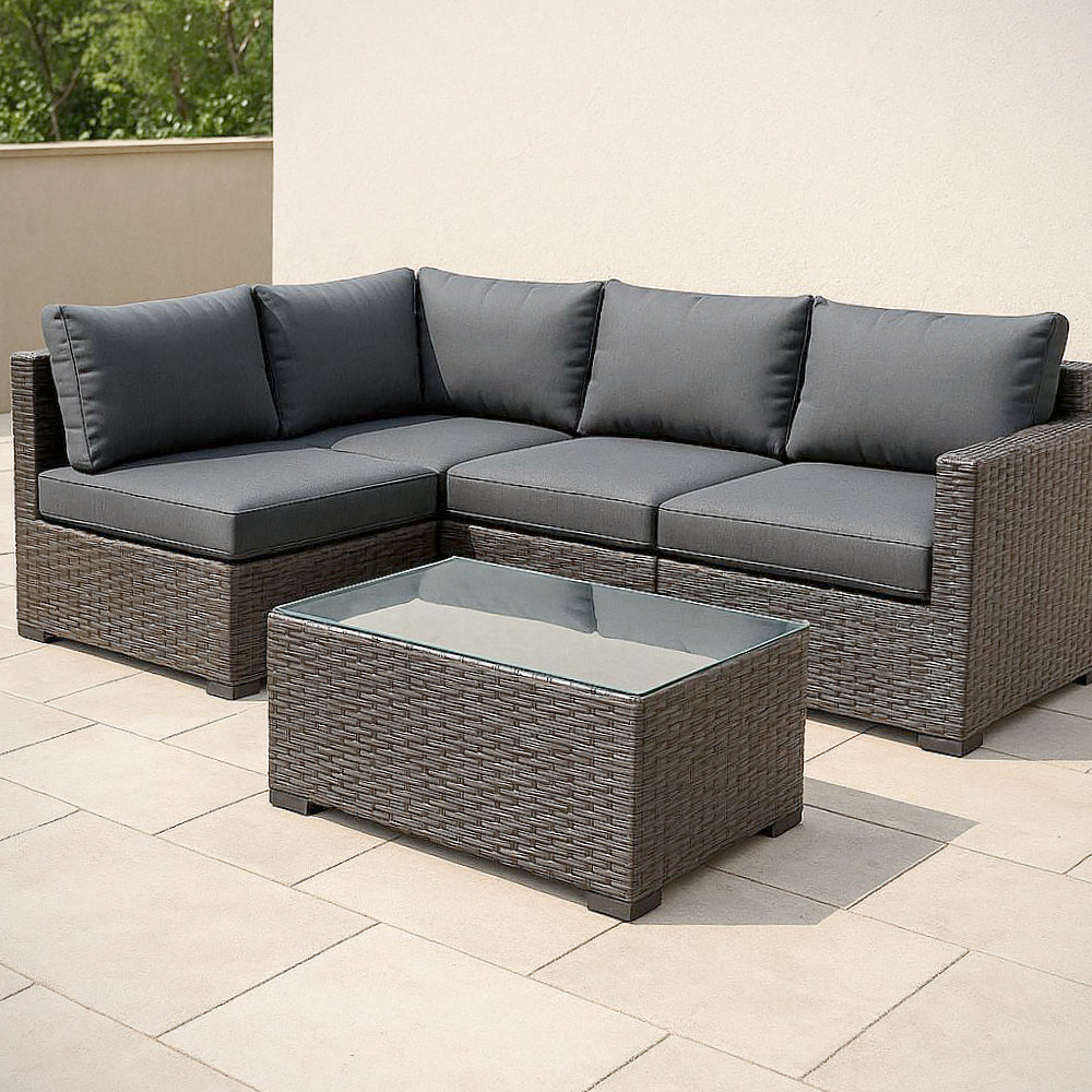 Ensemble de salon de jardin modulaire en r¡§|sine tress¡§|e avec table en verre, 5 pièces, Gris 