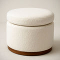 Pouf Rond en Tissu Boucl¡§| Blanc avec Base en Bois - 40cm Hauteur x 35cm Diam¡§¡§tre 