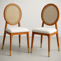 Chaise Ronde en Bois et Rotin avec Assise Rembourr¡§|e en Tissu Blanc, Lot de 2 