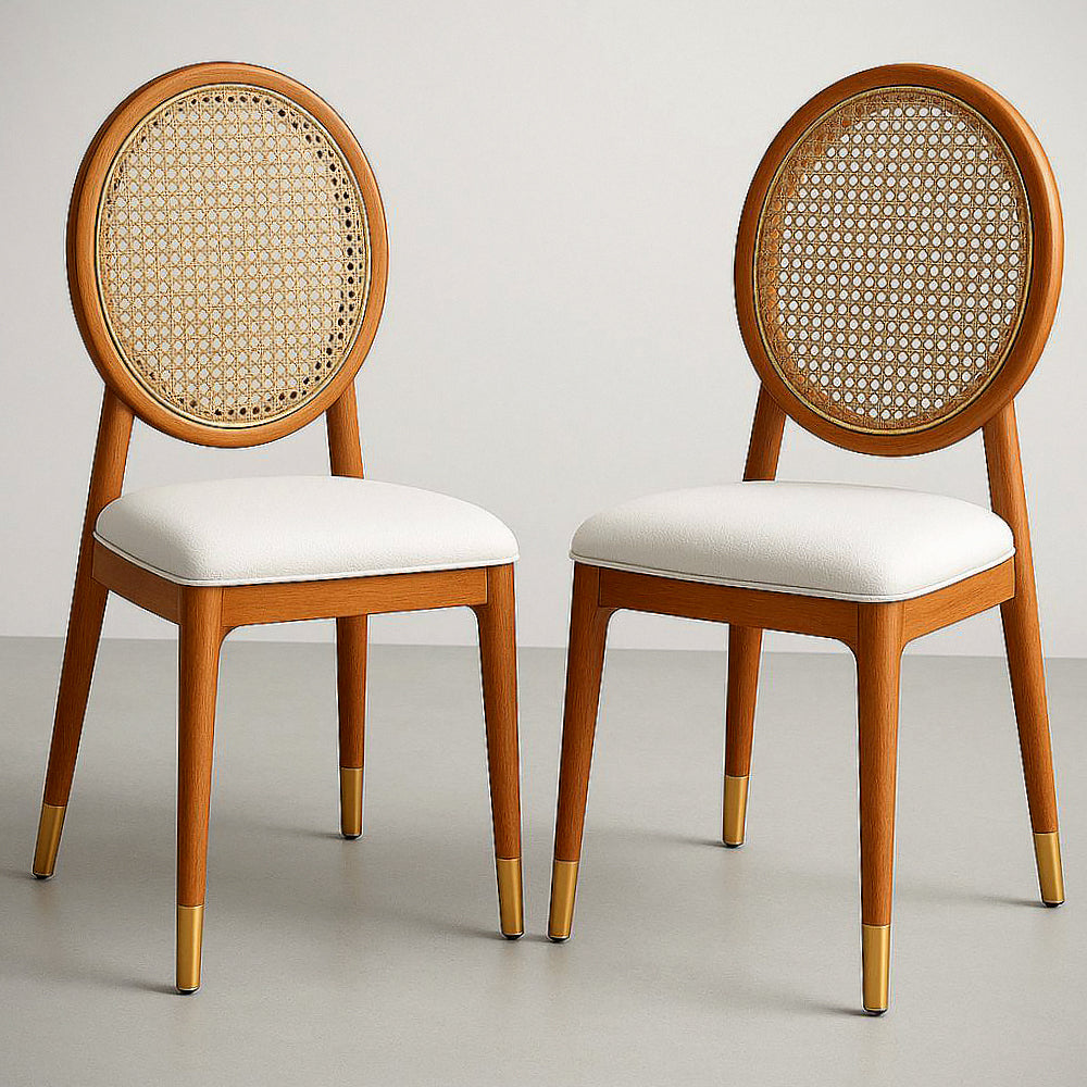 Chaise Ronde en Bois et Rotin avec Assise Rembourr¡§|e en Tissu Blanc, Lot de 2 