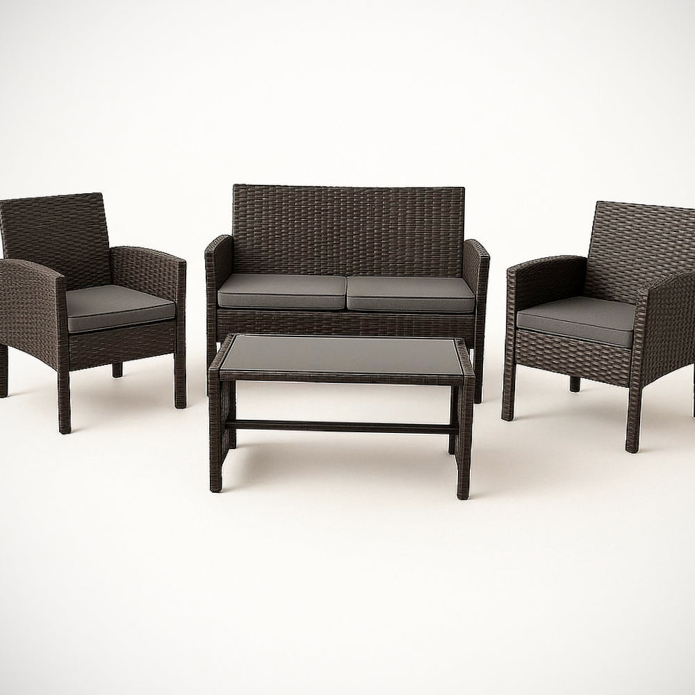 Ensemble de meubles de jardin en r¡§|sine tress¡§|e 4 pi¡§¡§ces avec coussins gris et table en verre 