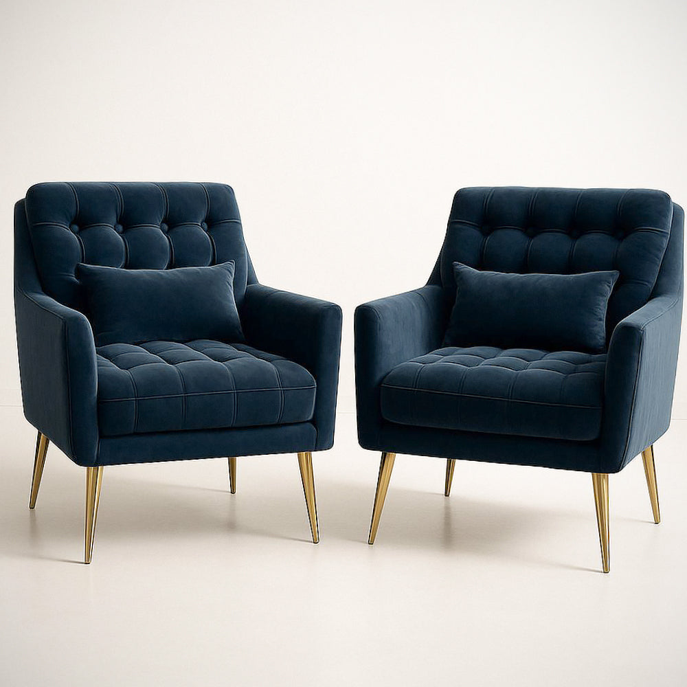 Lot De Deux Fauteuils En Velours Bleu Fonc¡§| Avec Pieds En Acier Galvanis¡§| Dor¡§| 