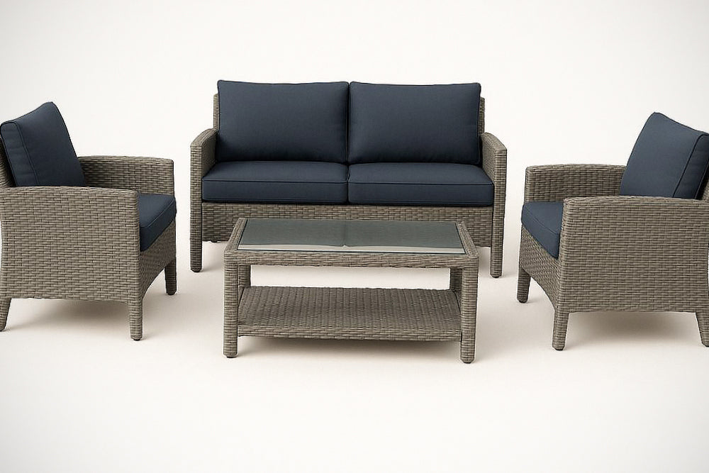 Ensemble de meubles de jardin en aluminium et r¡§|sine tress¡§|e gris coussins bleus 4 pi¡§¡§ces 