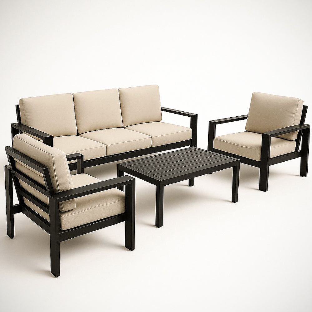 Ensemble de mobilier de jardin 4 pièces en aluminium noir avec coussins en polyester beige 