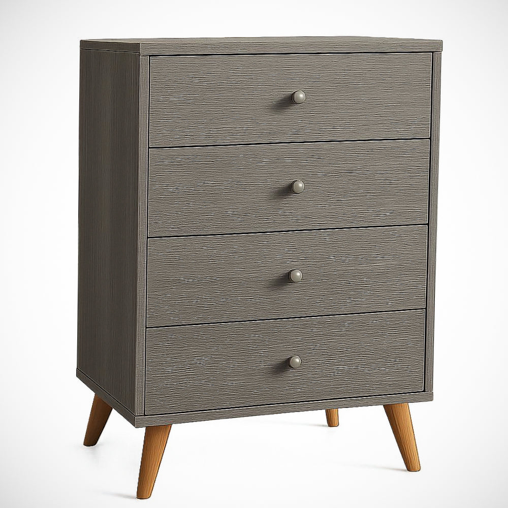 Commode 4 Tiroirs MDF Gris avec Pieds Pin