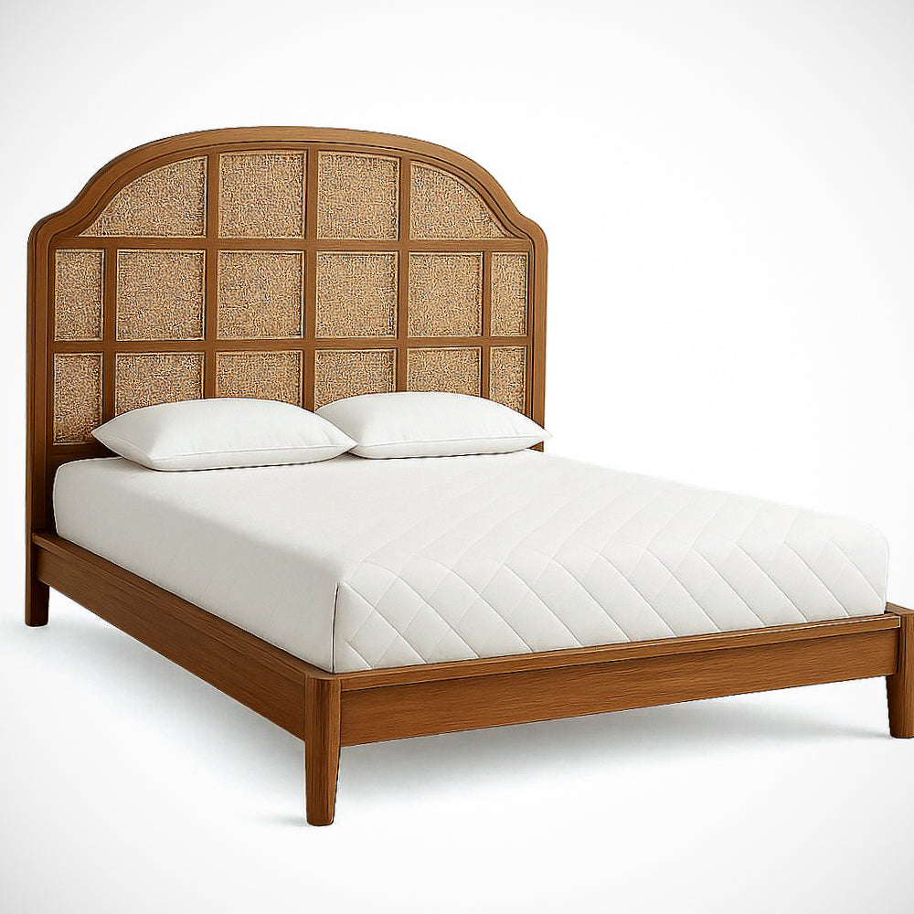 Lit simple en bois massif avec t¡§ote de lit en rotin 200x160x110 cm Marron/Beige 