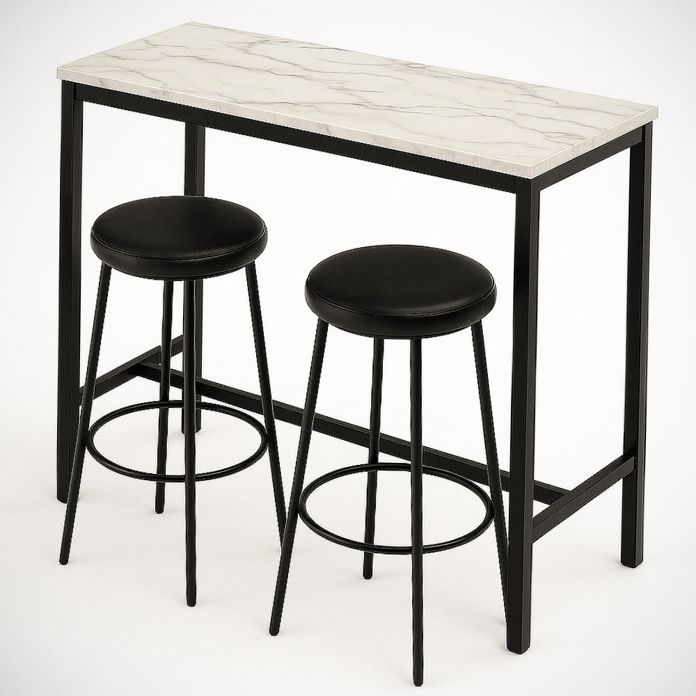 Table rectangulaire en marbre synthétique¡§|tique et acier noir avec tabourets ronds en PU noir - 3 pièces - 120cm x 40cm x 95cm 