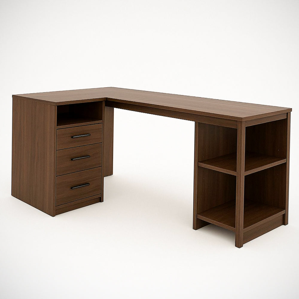 Bureau d'angle L avec tiroirs et ¡§|tag¡§¡§res en panneaux de particules Coloris Noyer 146x130x75 cm 