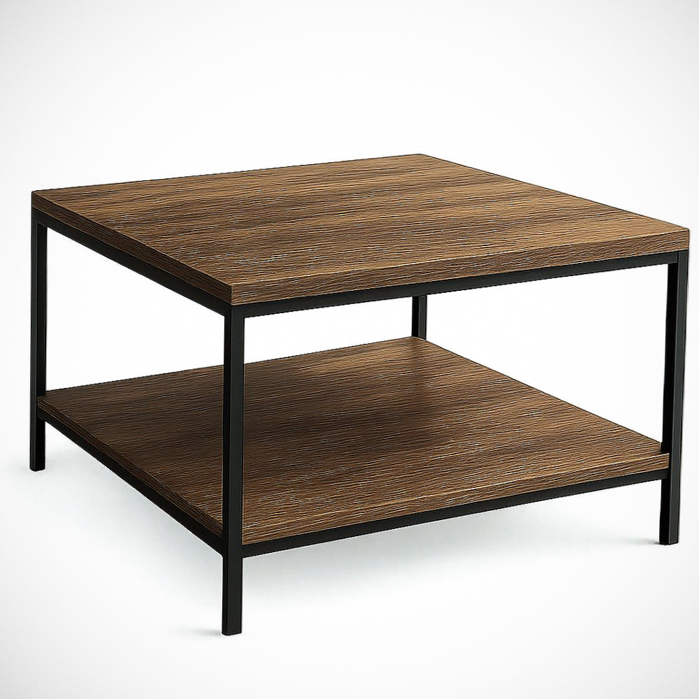 Table basse carr¡§|e 2 niveaux bois MDF cadre acier noir 80x80x45 cm 