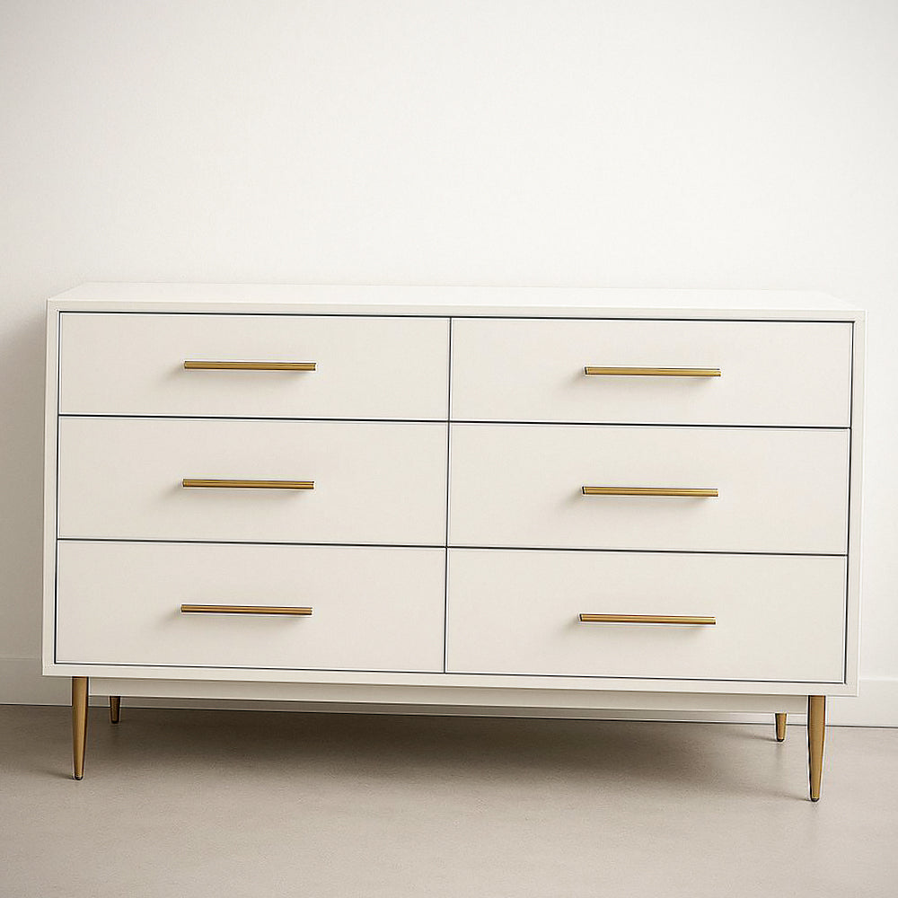 Commode 6 Tiroirs en Bois MDF Blanc Hauteur 80 cm, Largeur 150 cm, Profondeur 45 cm 