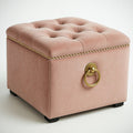 Tabouret carr¡§| en velours rose avec d¡§|coration ¡§¡è boutons capitonn¡§|s et anneaux 