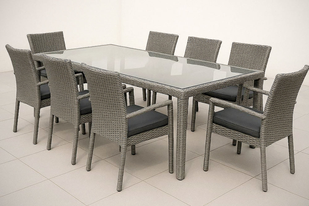 Ensemble mobilier de jardin 9 pi¡§¡§ces rectangulaires en r¡§|sine tress¡§|e avec plateau en verre tremp¡§| Gris 