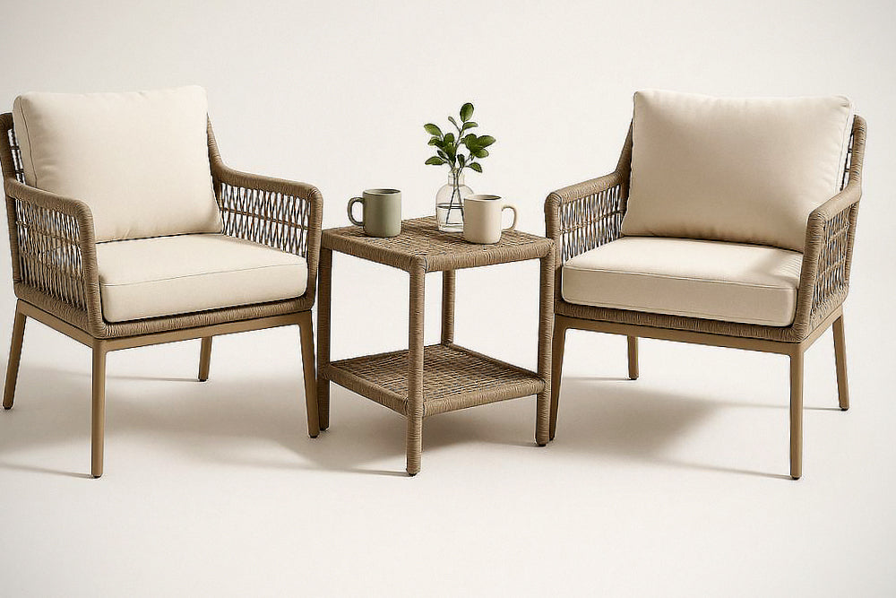 Ensemble 3 pièces de fauteuils et table en r¡§|sine tress¡§|e beige pour ext¡§|rieur 