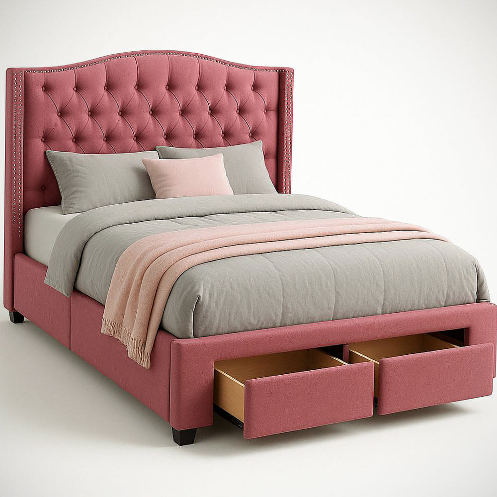 Lit Coffre Double Dossier Matelass¡§| Polyester Rose avec Tiroirs 200x160x120 cm 
