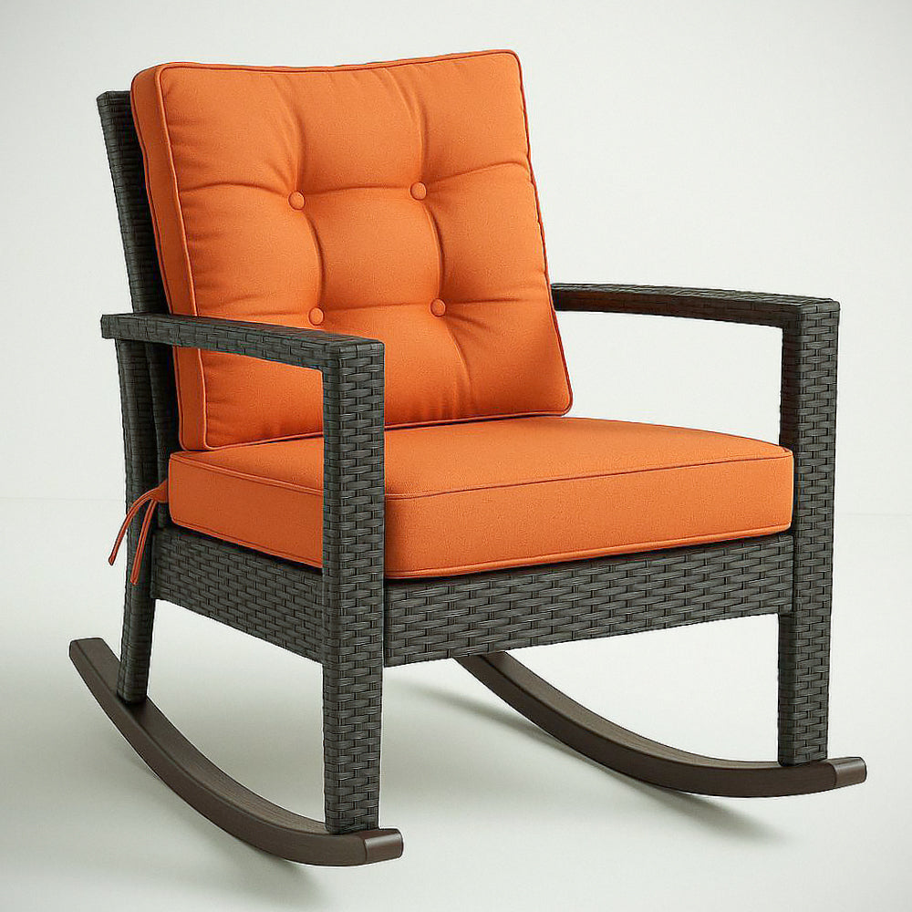 Fauteuil ¡§¡è bascule en rotin synth¡§|tique avec coussins en polyester orange, 100x70x90 cm 