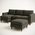 Canapé¡§| d'angle en tissu polyester gris fonc¡§| avec pouf et pieds en bois 230cm x 150cm x 85cm