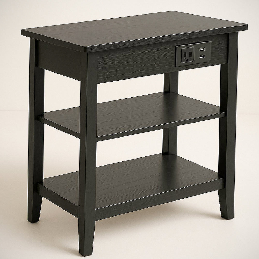 Table d'appoint rectangulaire noire en bois avec prise int¡§|gr¡§|e et ports USB, 60x30x60 cm 